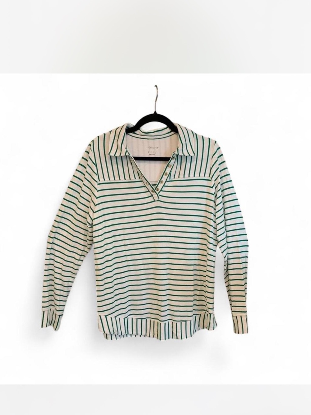 Striped Long Sleeve Polo Top in Cream & Green size M
